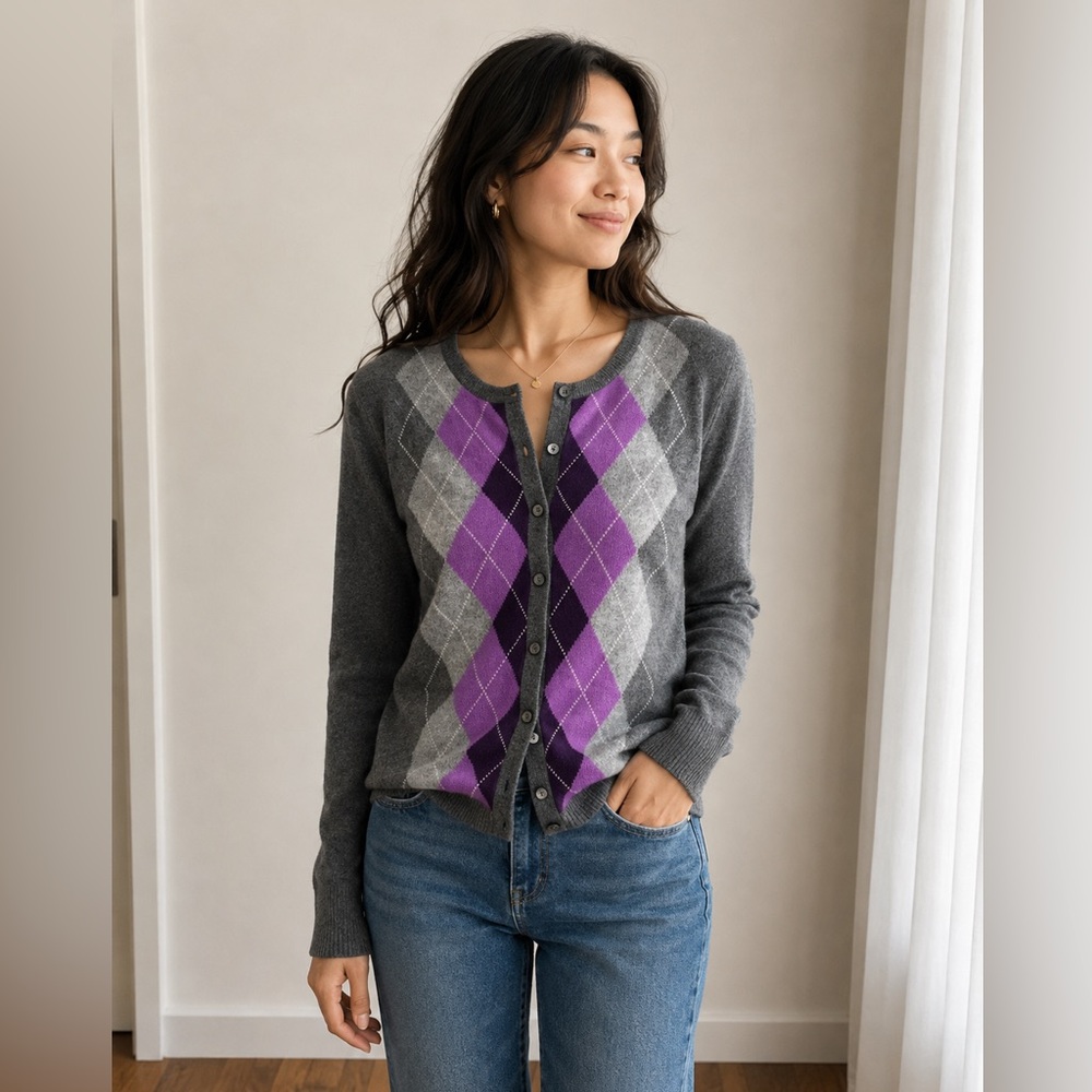 Apt 9 100% Cashmere Argyle Button-Up Purple and Grey Cardigan Sweater - M